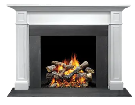 Acadia Wood Mantel Shown with Custom Paint, Logs, Base, and Surround