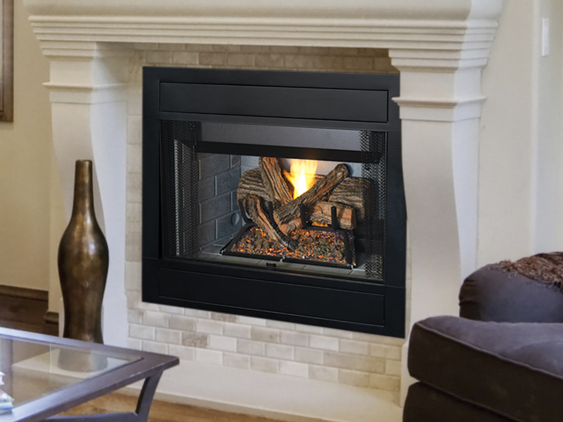 B-Vent Superior BRT4342 42" Custom Series Smooth Face Gas Fireplace with Grey Stacked Interior Panels