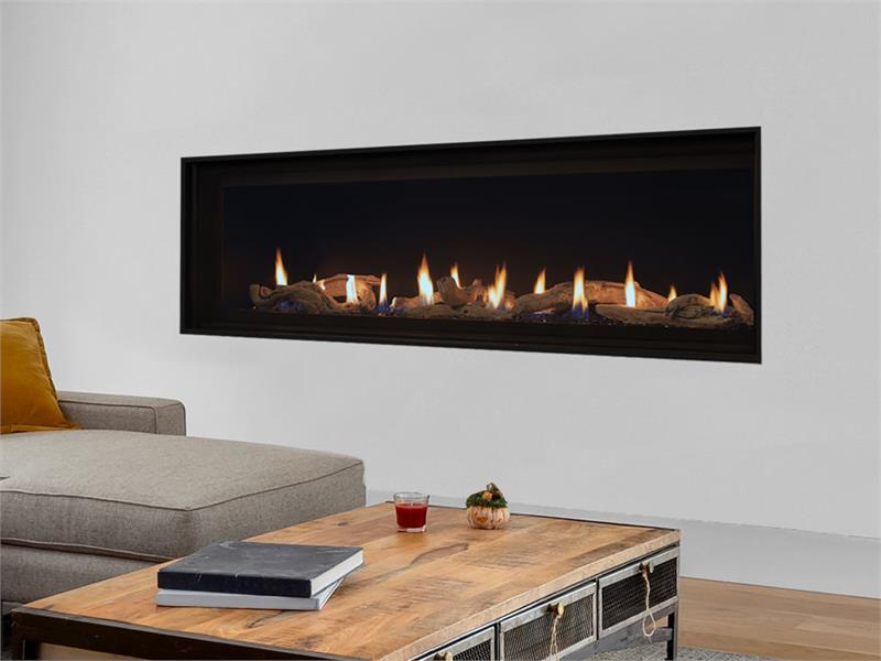 Linear Direct Vent Gas Fireplace 84" with Ceramic Glass Black Crushed Glass Media and See Thru Option DRL4084 DRL4000 by Superior F4395