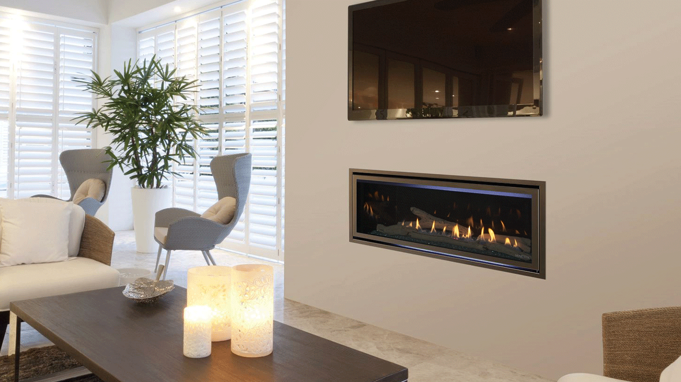 Jade 42" Linear Fireplace with clean face trim and driftwood logs