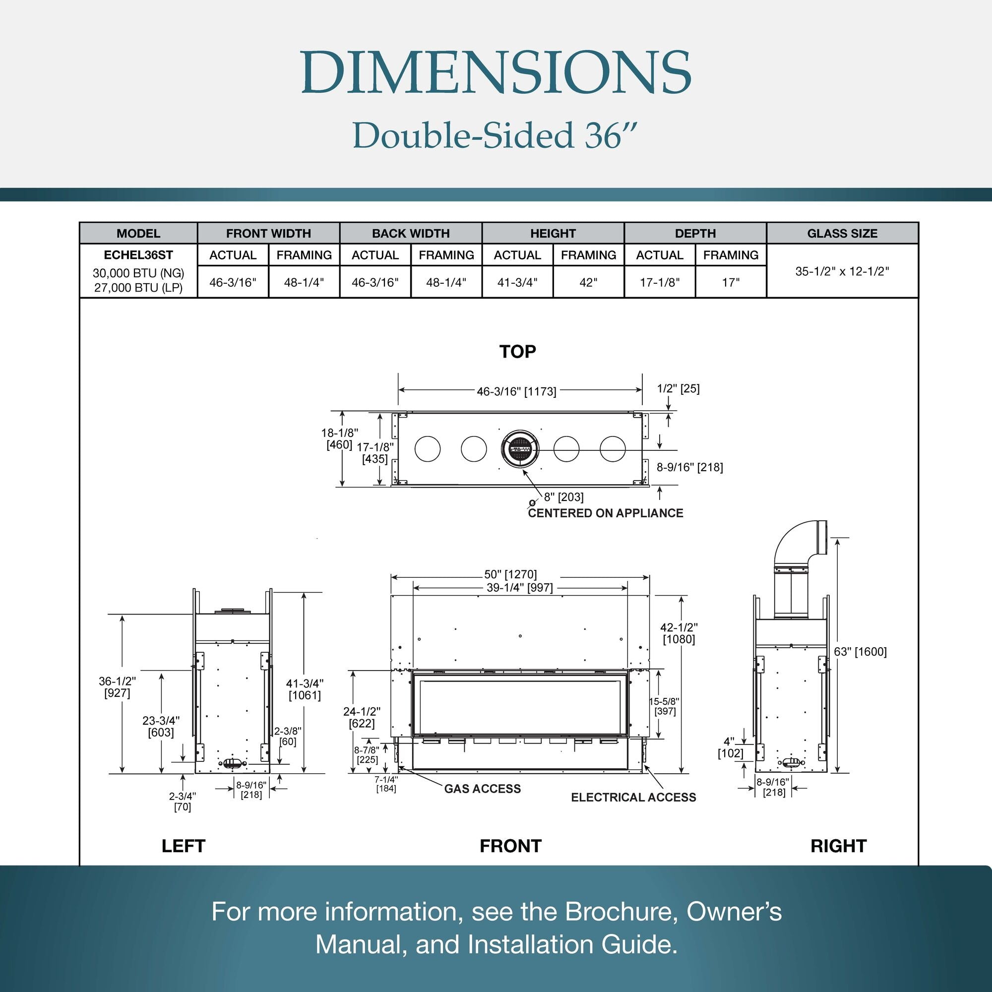 Double Sided See Thru 36" Fireplace Dimensions