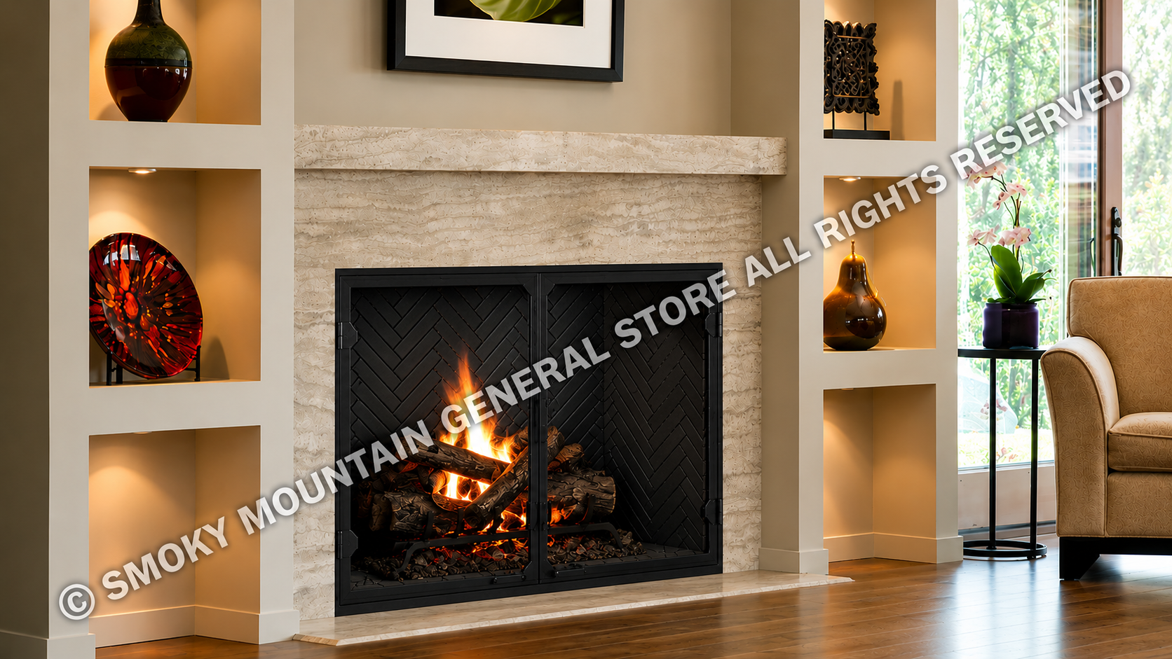biltmore fireplace with black onyx herringbone refractory panels