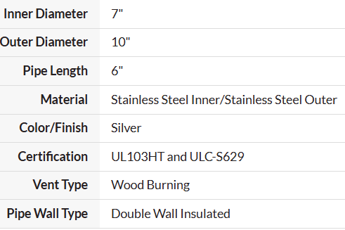 7SPS6-1 Double Wall Stainless Steel 6" Chimney Length Section 7" Snap Pak Pipe F3994