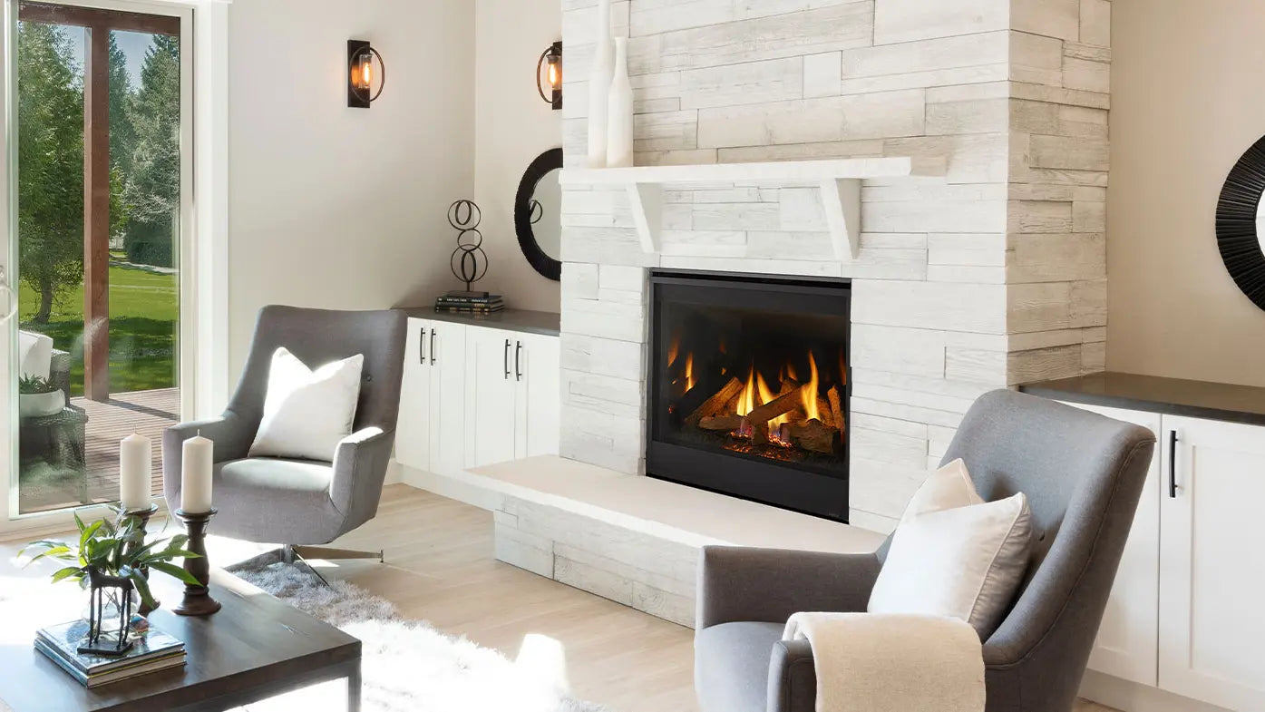 Quartz Fireplace with Logs and Reflective Black Glass Interior