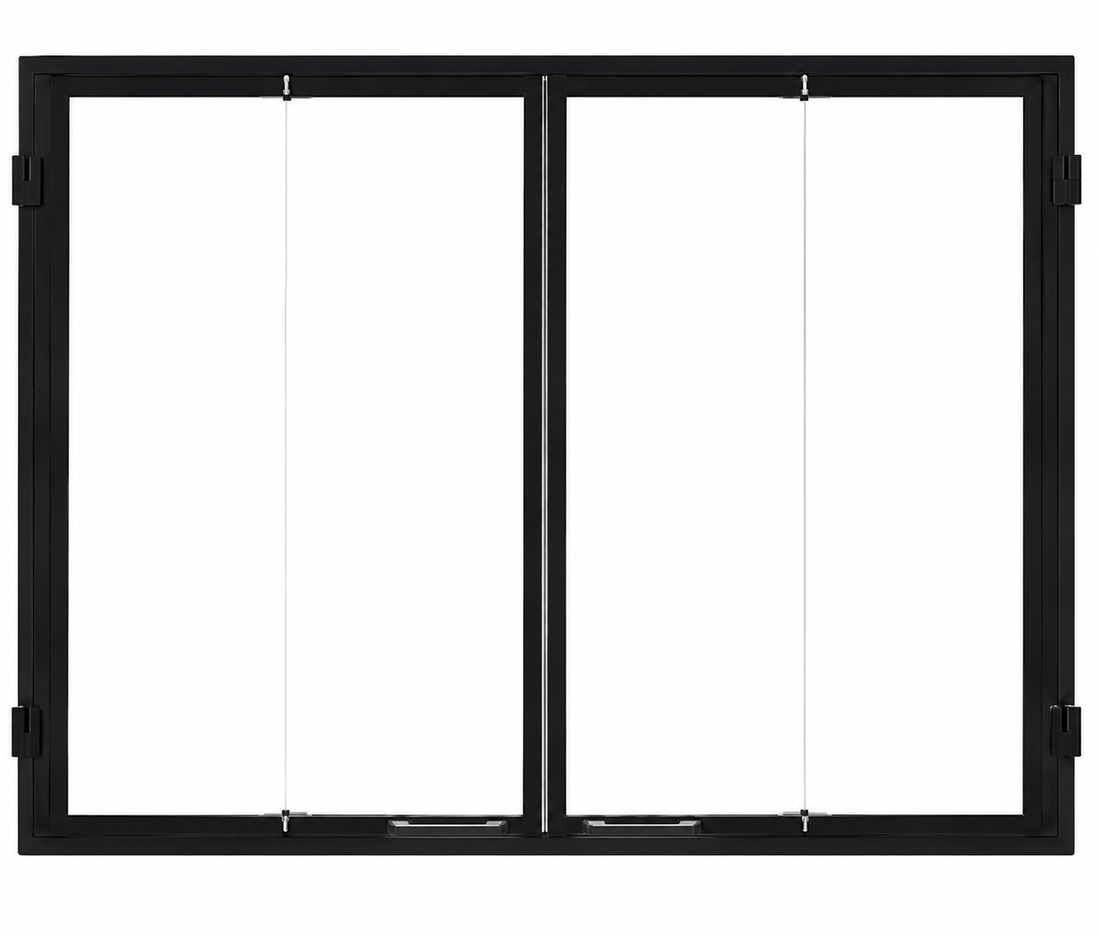bi fold glass doors with black trim for ashland wood burning fireplace