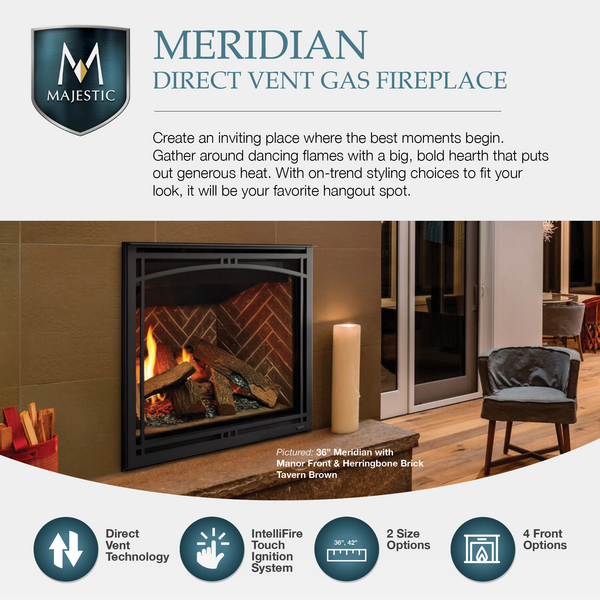 Meridian Traditional Gas Log Series Majestic 42&quot; Direct Vent Gas Fireplace with Intellifire Touch Ignition System