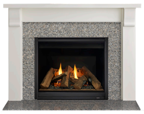 Merritt Signature Series Mantel showing Custom Mantel, gas logs, surround, and base