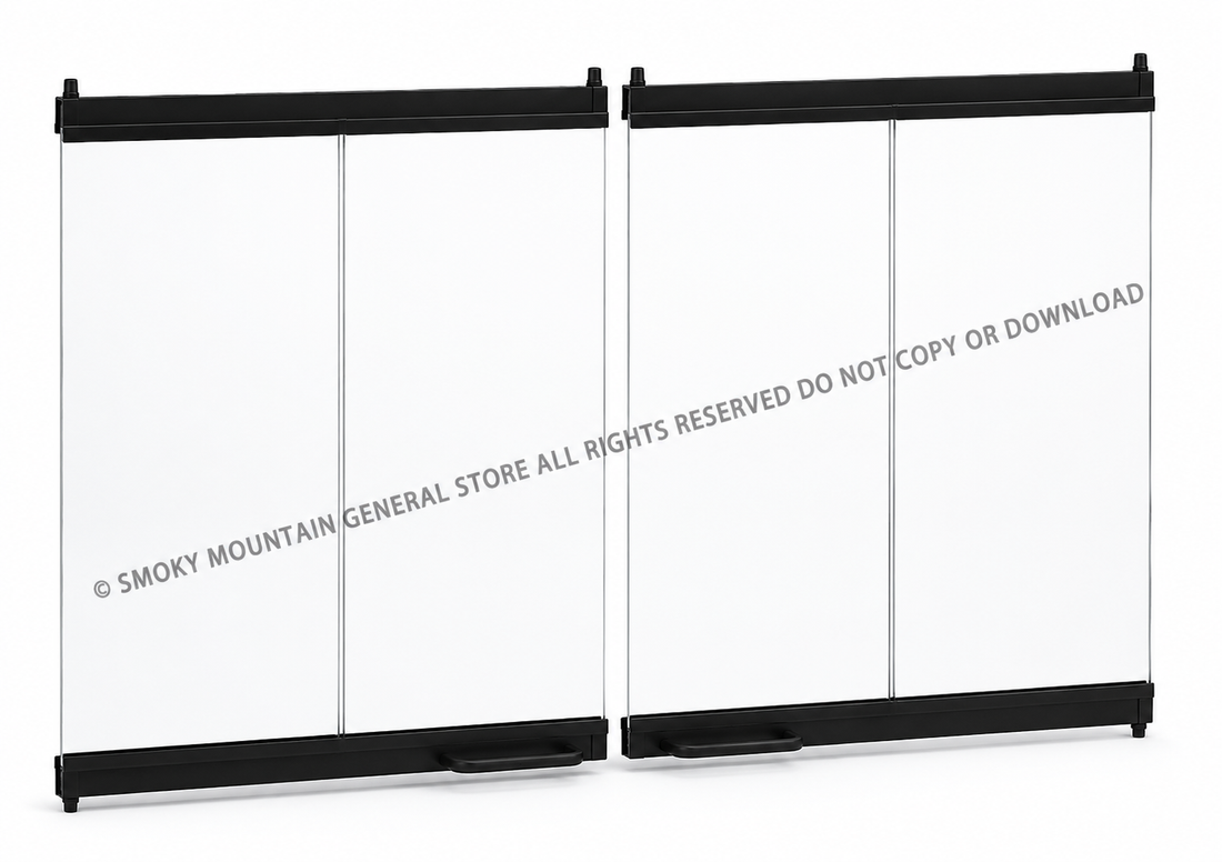Two clear glass panel doors with black top and bottom frames