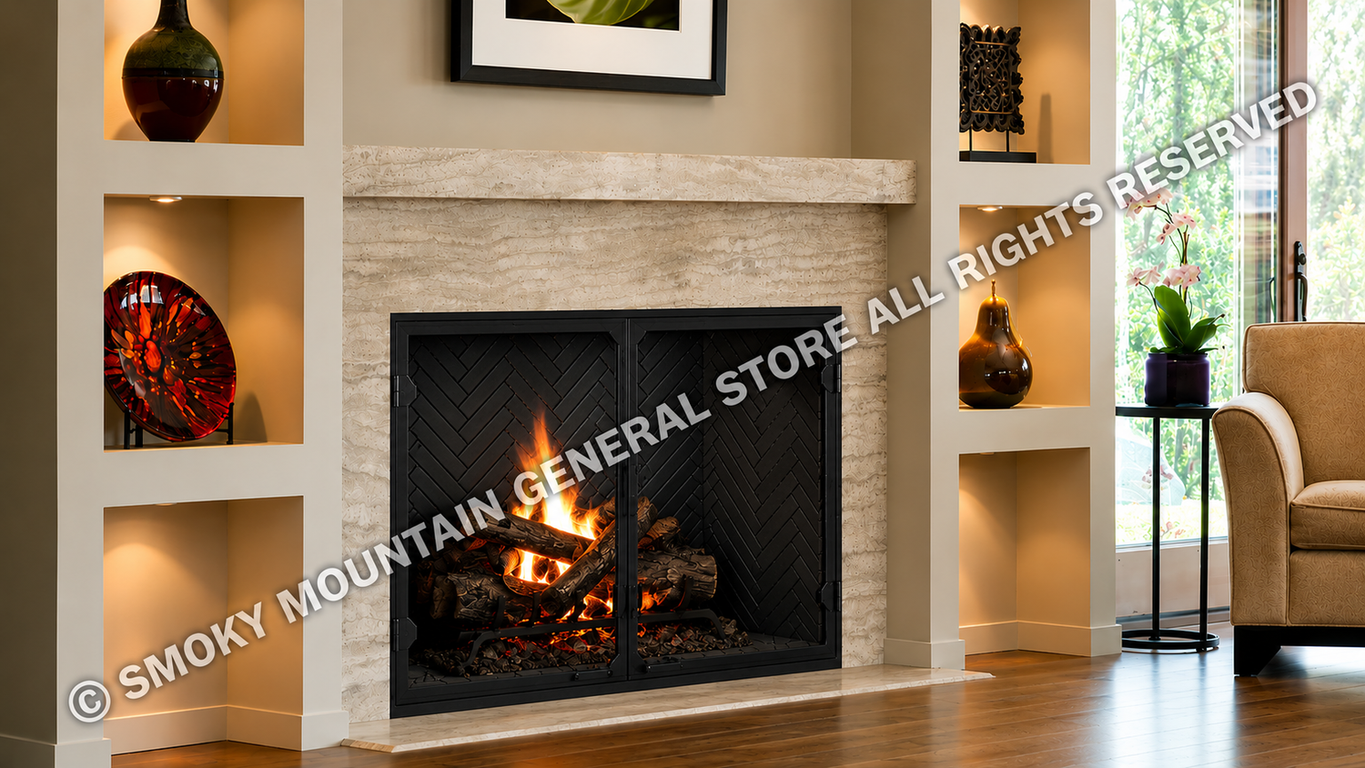 biltmore fireplace with black onyx herringbone refractory panels