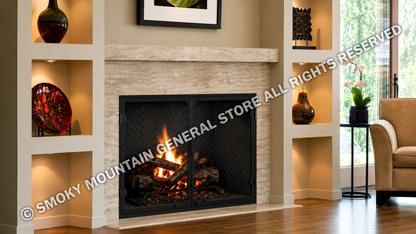 biltmore fireplace with black onyx herringbone refractory panels