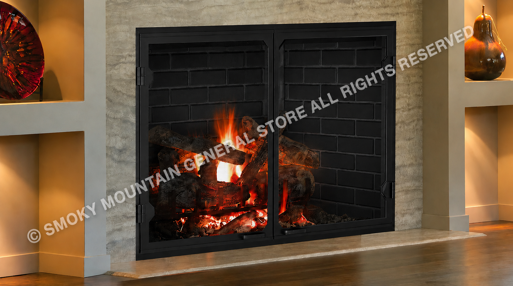 wood burning fireplace with black onyx traditional pattern refractory panels