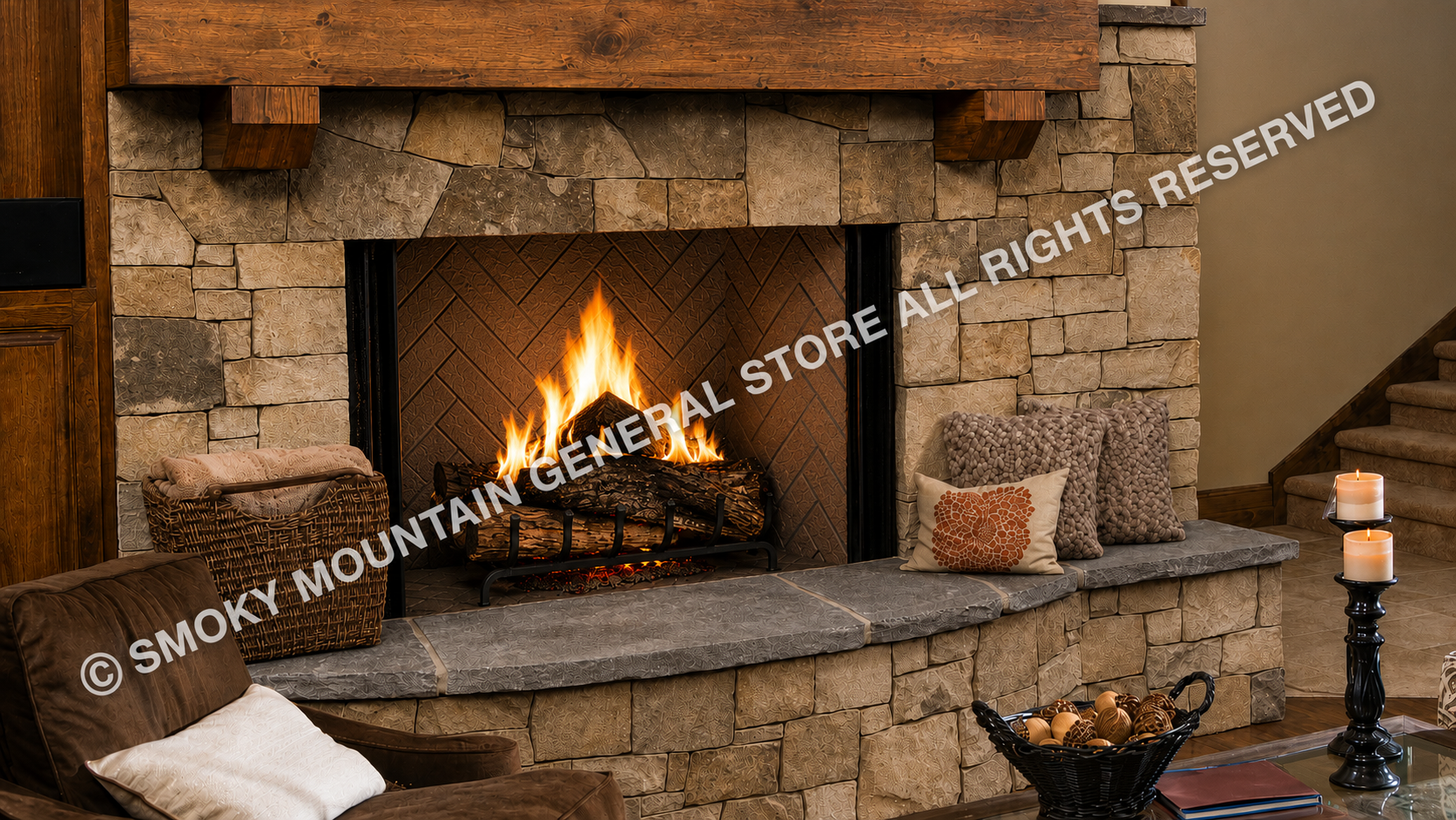 wood burning fireplace with masonry brown herringbone refractory panels