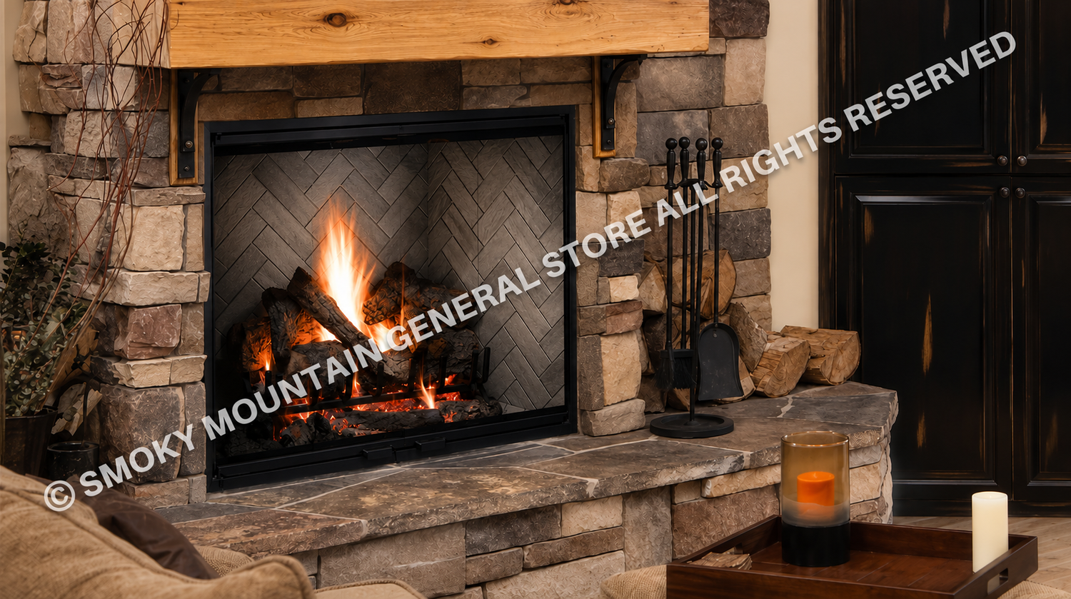 The biltmore 42" wood burning fireplace with natural grey herringbone refractory panels