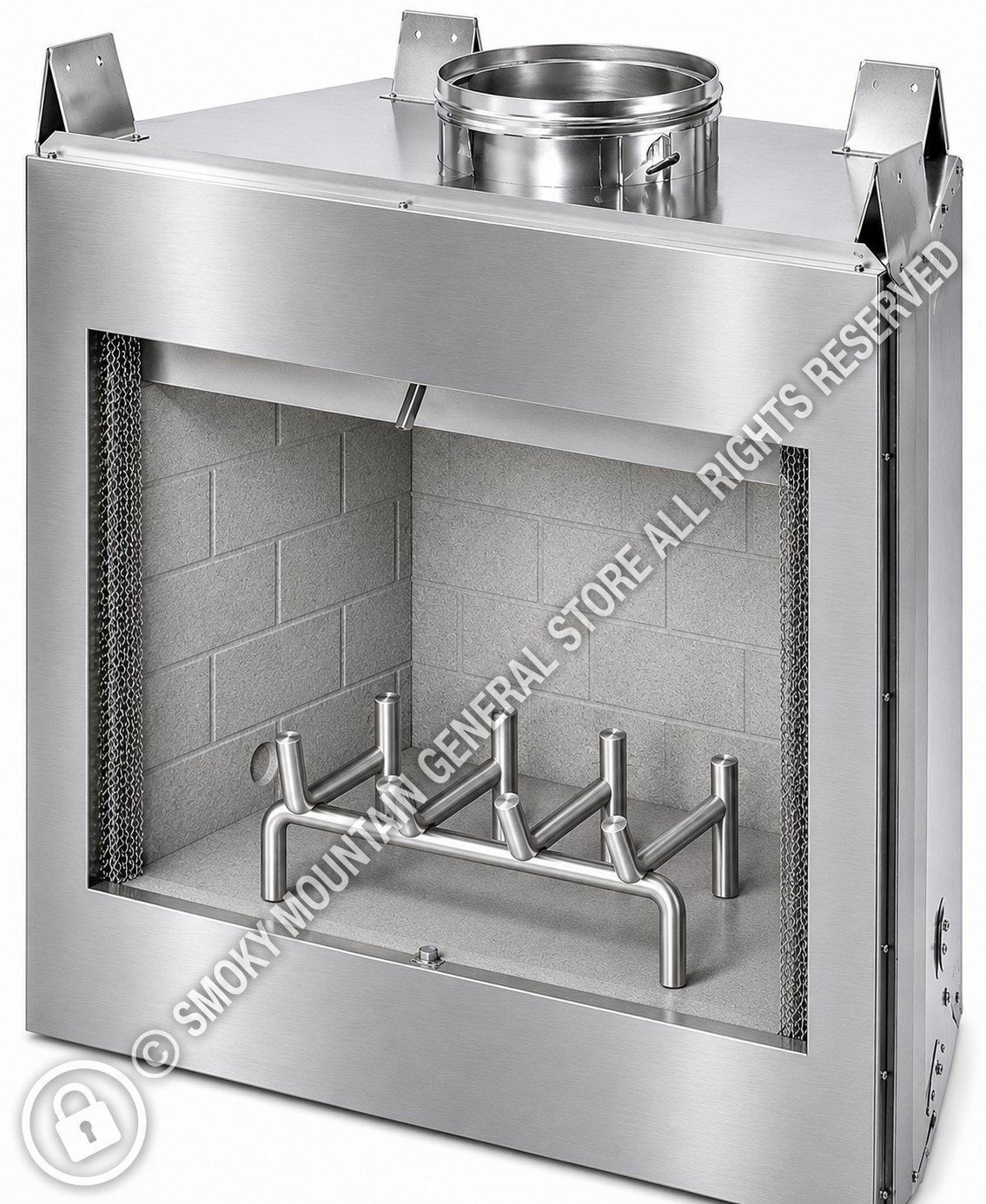 A stainless steel outdoor fireplace insert with a visible brick interior, metal stainless steel grate and mesh screens